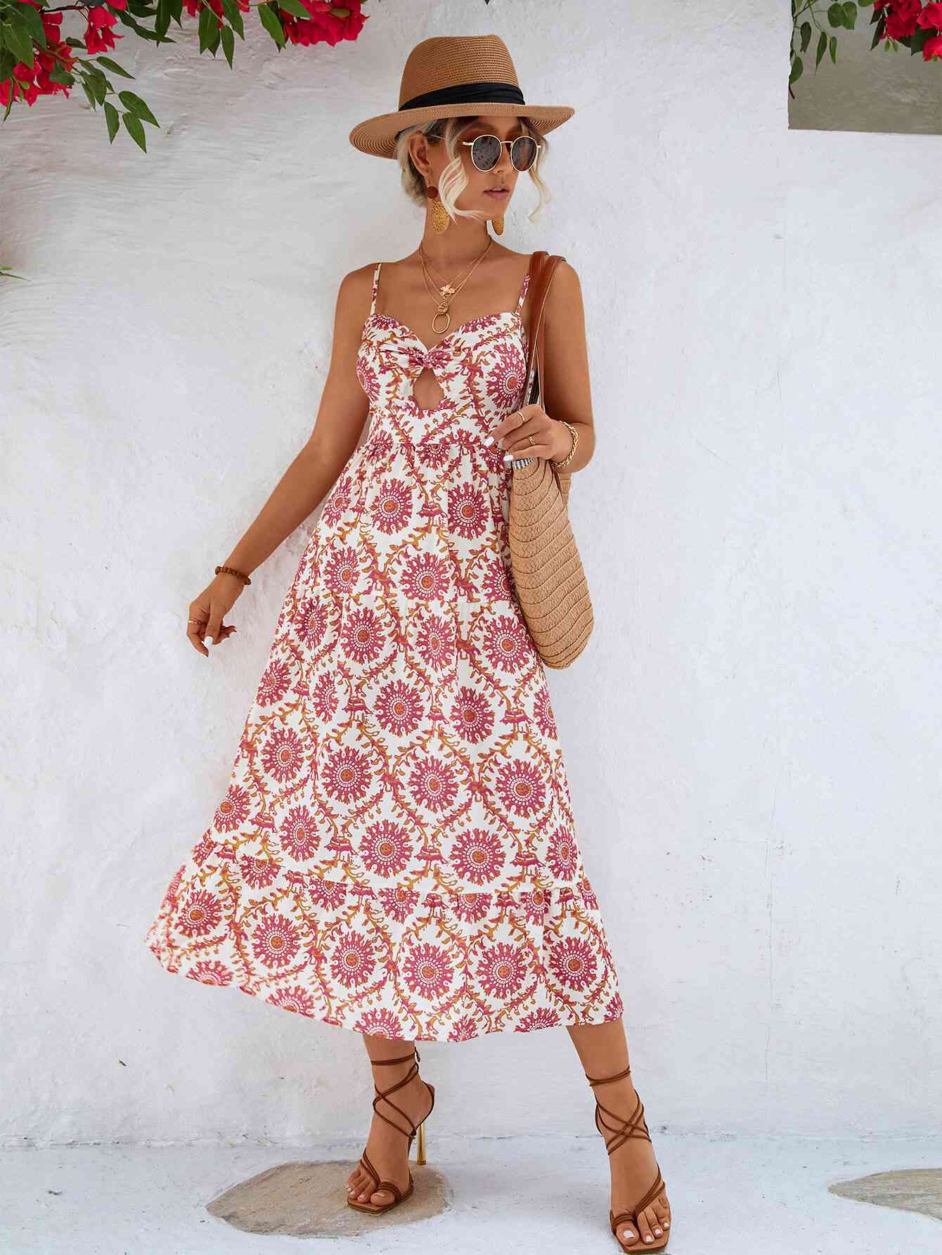 Printed Cutout Spaghetti Strap Midi Dress