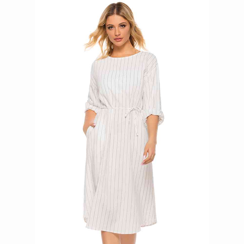 Pinstripe Tie Waist Round Neck Dress