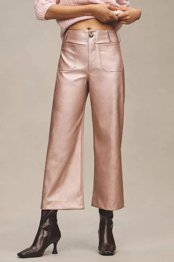 Ivyshape | Metallic Faux Leather Pocket Cropped Wide Leg Stretch Pants