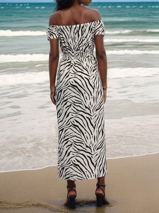 Ivyshape | Slit Animal Print Off-Shoulder Midi Dress