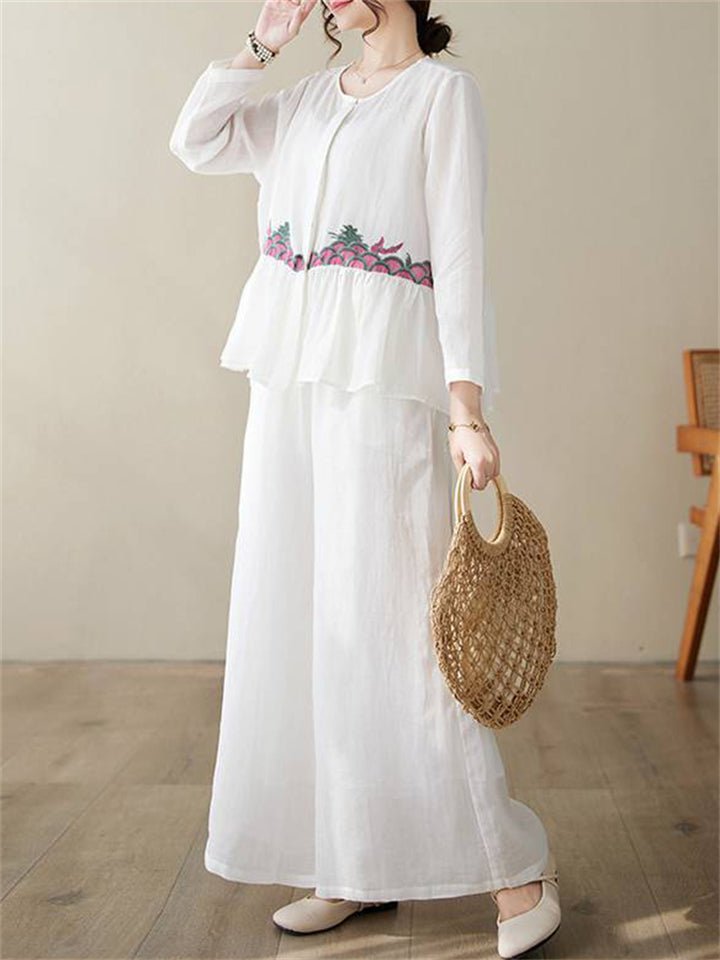 Female Button Up Embroidered Shirt Elastic Waist Pants Set