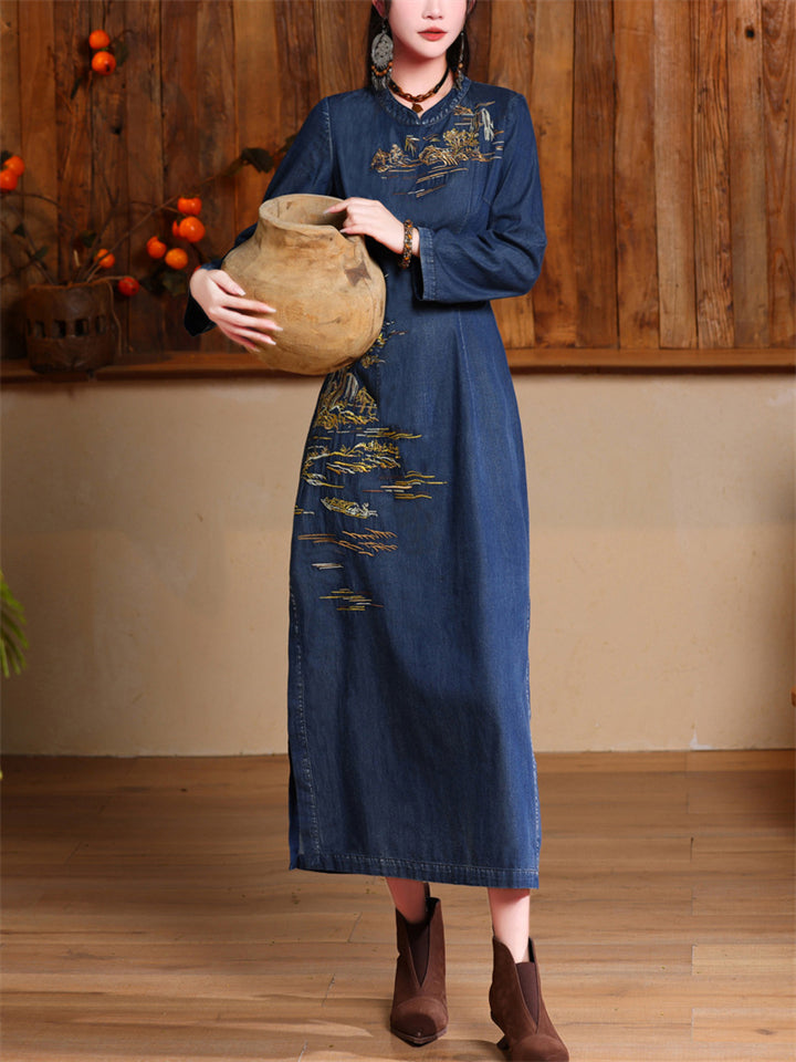 Elegant High-Rise Side Slit Blue Denim Embroidery Qipao