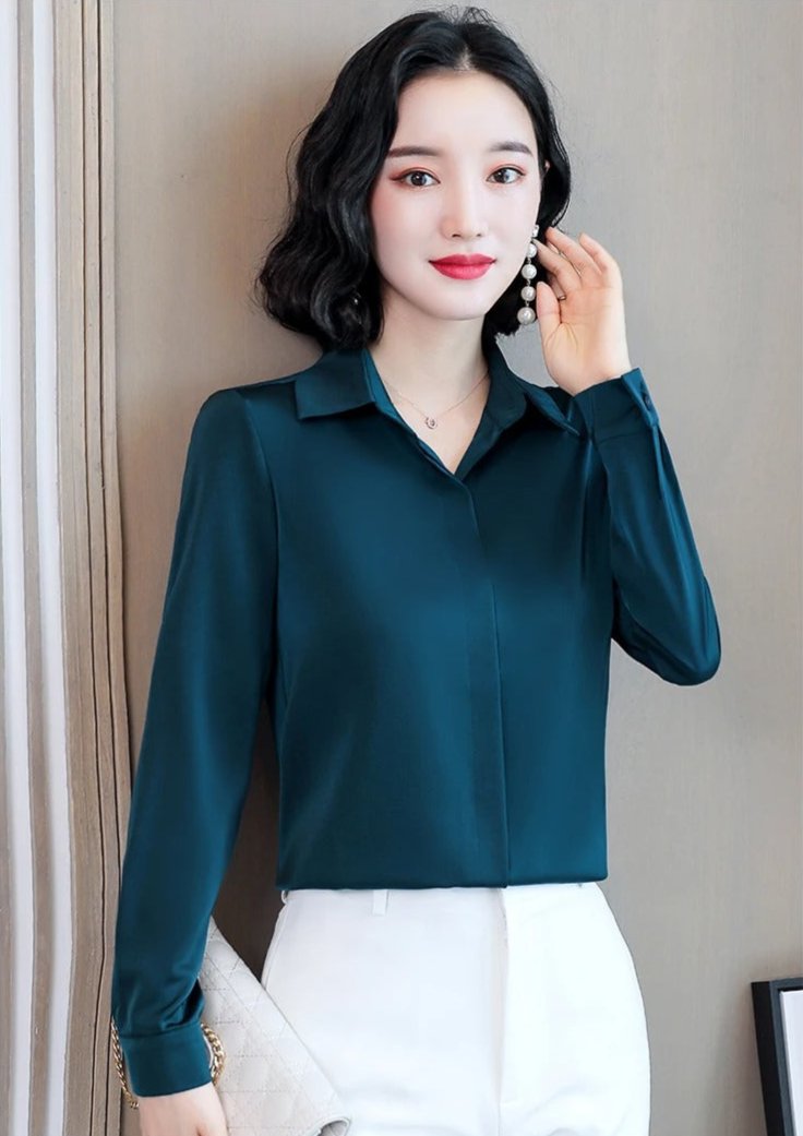 Elegant Satin Long-Sleeve Office Shirt for Women