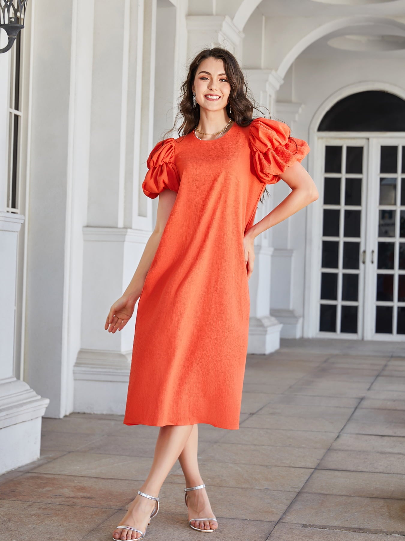 Ivyshape | Round Neck Bubble Sleeve Straight Hem Midi Dress