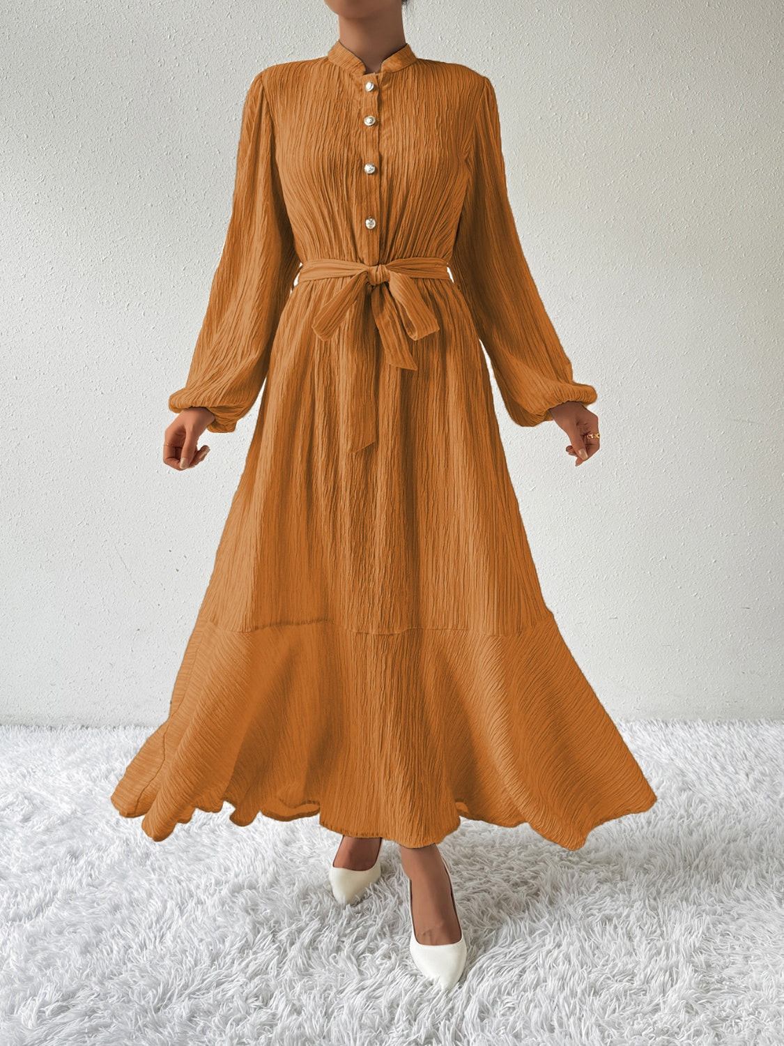 Ivyshape | Tie Waist Long Sleeve Dress