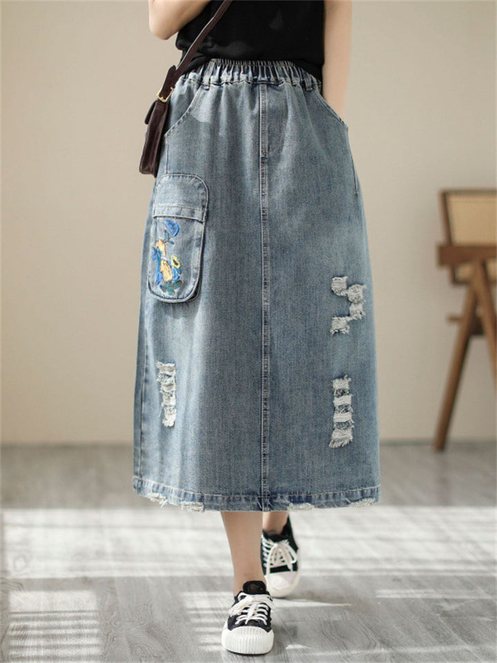 Ladies Floral Embroidered Ripped Vintage Denim Skirt