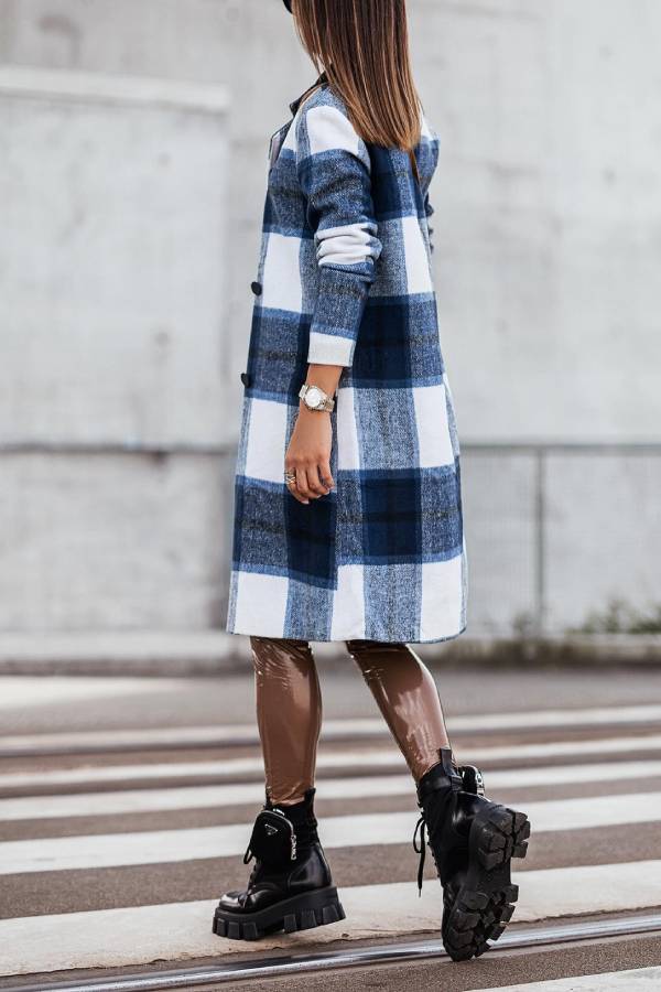 Ivyshape | Mid Length Double Breasted Plaid Print Woolen Coat