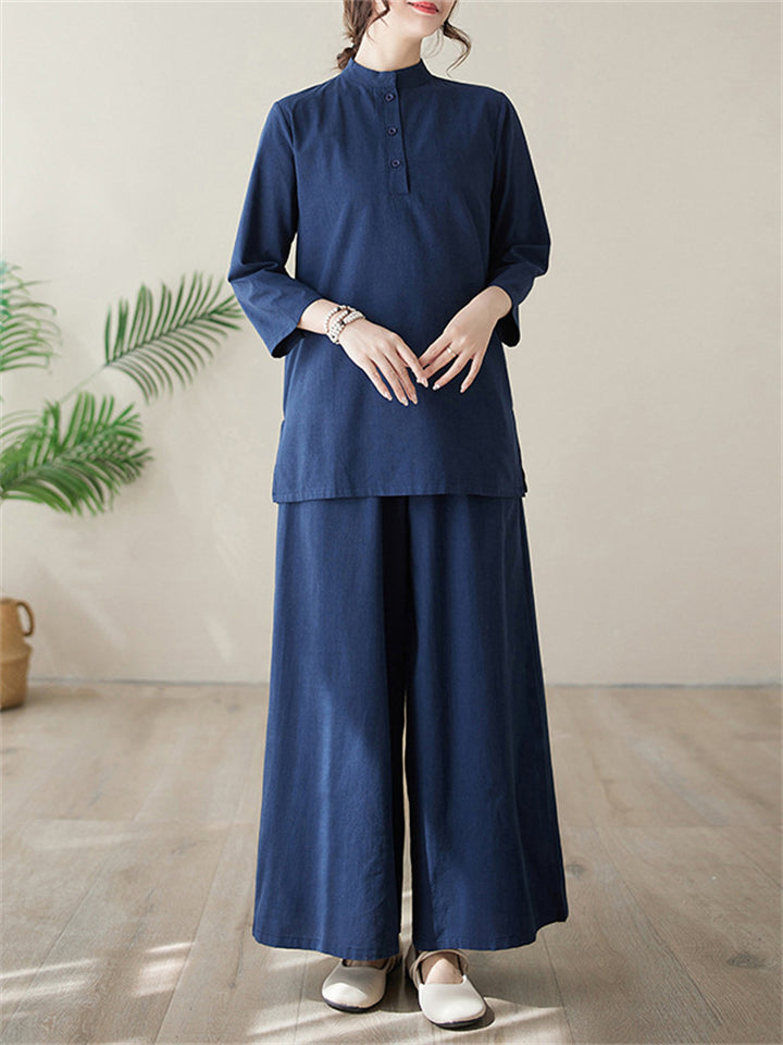 Women's Elegant Cozy Solid Color Stand Collar Shirt + Wide Leg Pants