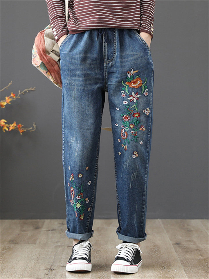 Female Leisure High-Rise Drawstring Embroidery Washed Denim Pants