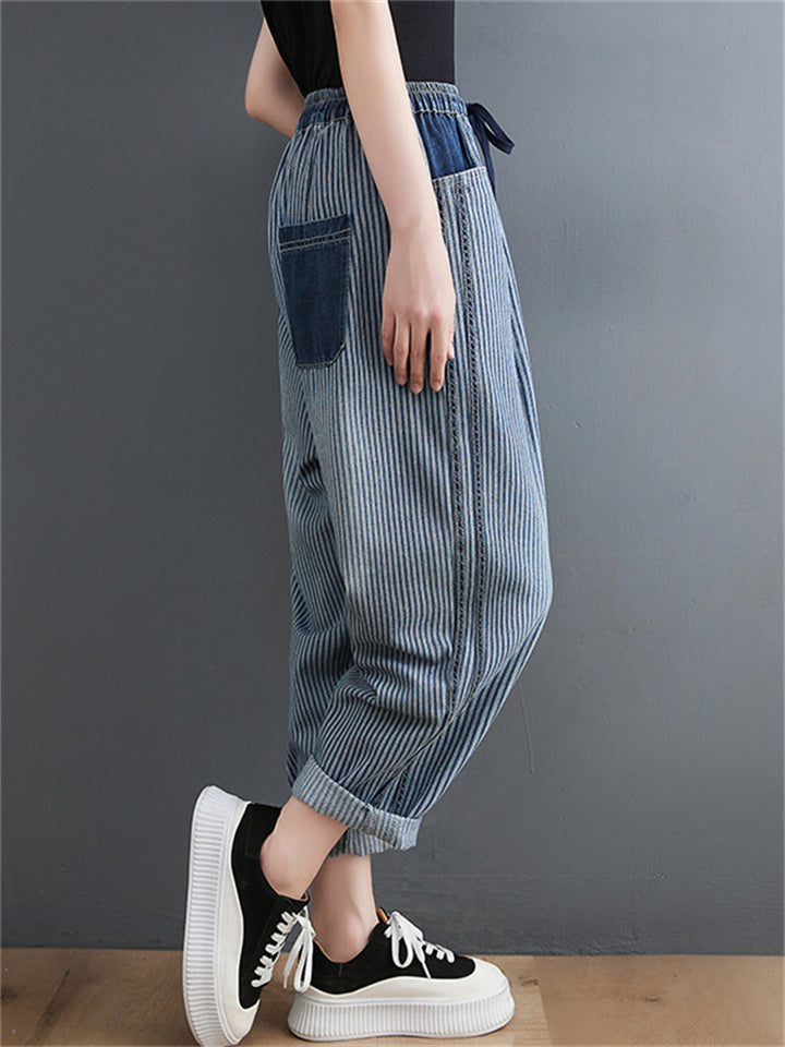 Spring Summer Women's Vertical Striped Drawstring Jeans