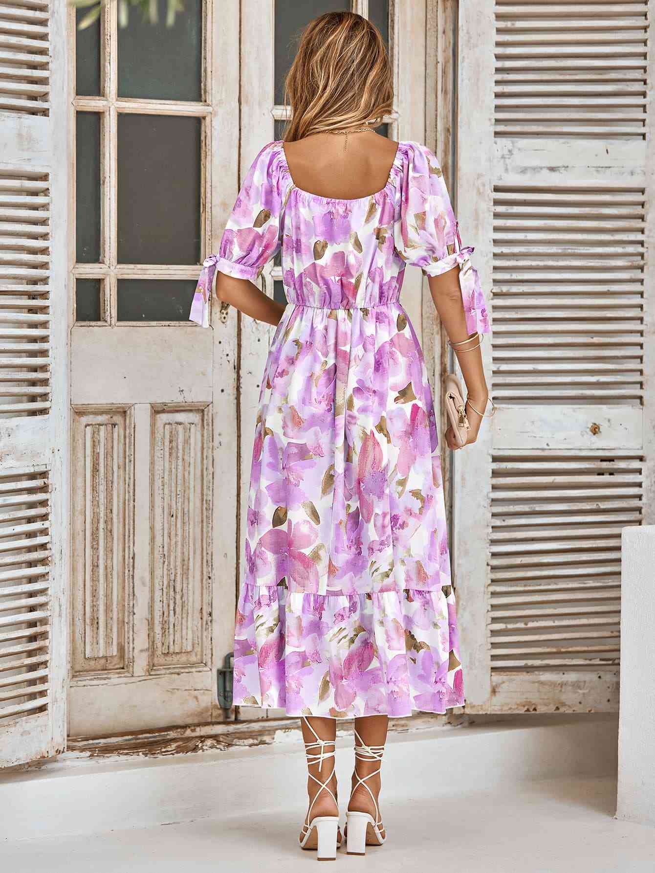 Floral Tie Cuff Surplice Neck Dress