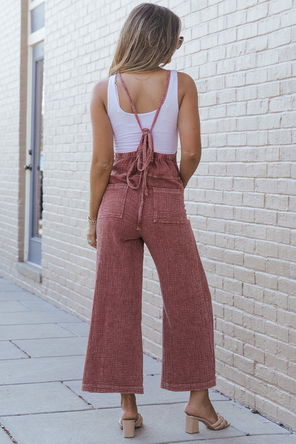 Ivyshape | Texture Spaghetti Strap Square Neck Overalls