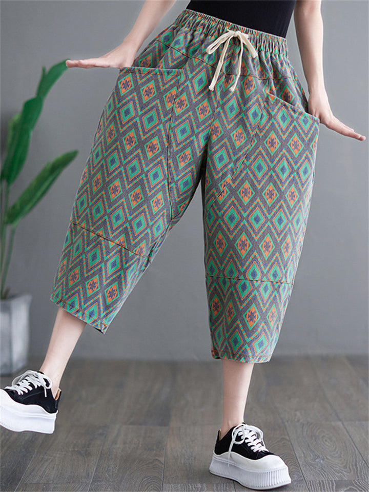 Vacation Green Diamond Elastic Waist Denim Cropped Pants