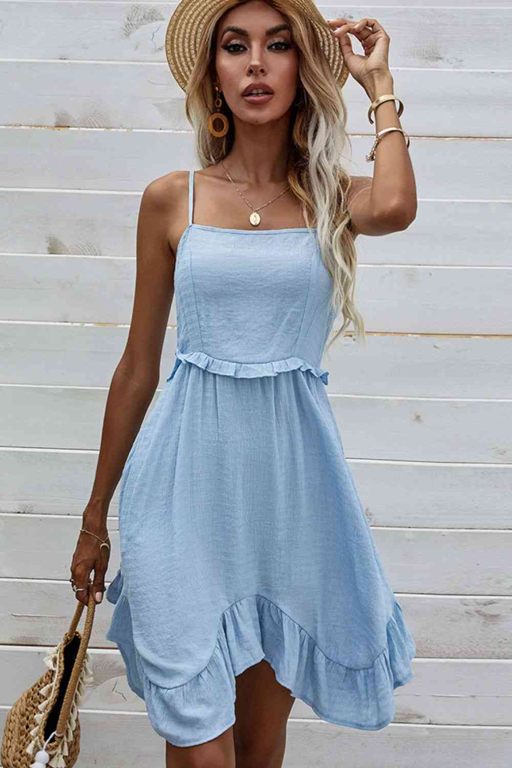 Lace-Up Spaghetti Strap Ruffle Hem Dress