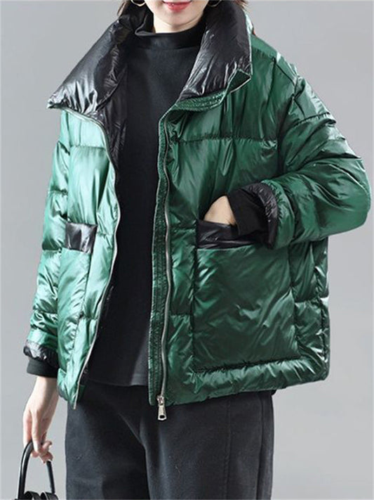 Trendy Stand Collar Contrast Color Puffy Down Coat