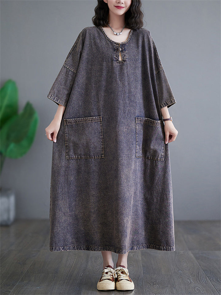 Women's Retro Super Loose Large Size Washed Denim Dress