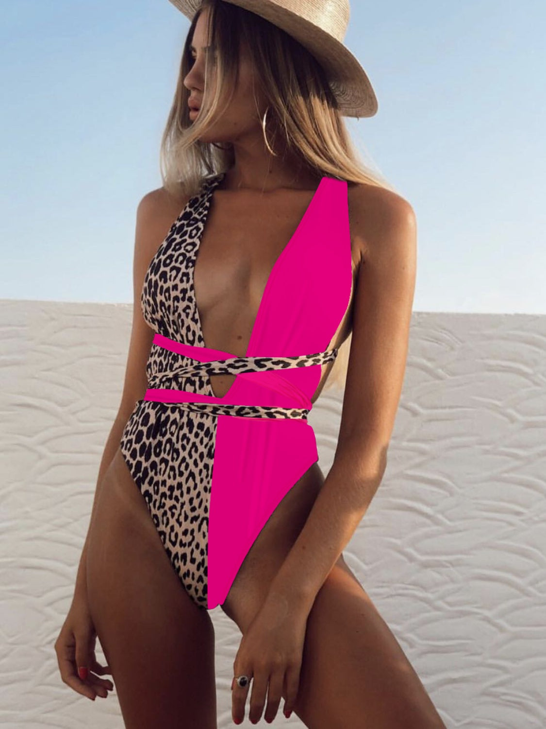 Ivyshape | Tied Leopard Plunge One-Piece Swimwear