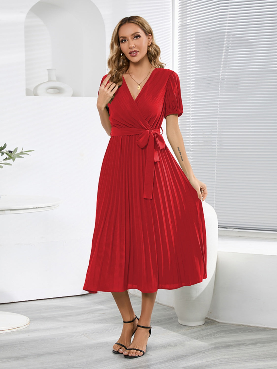 Ivyshape | Pleated Surplice Tie Waist Midi Dress