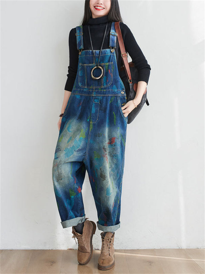 Retro Watercolor Pen Printed Denim Jumpsuits