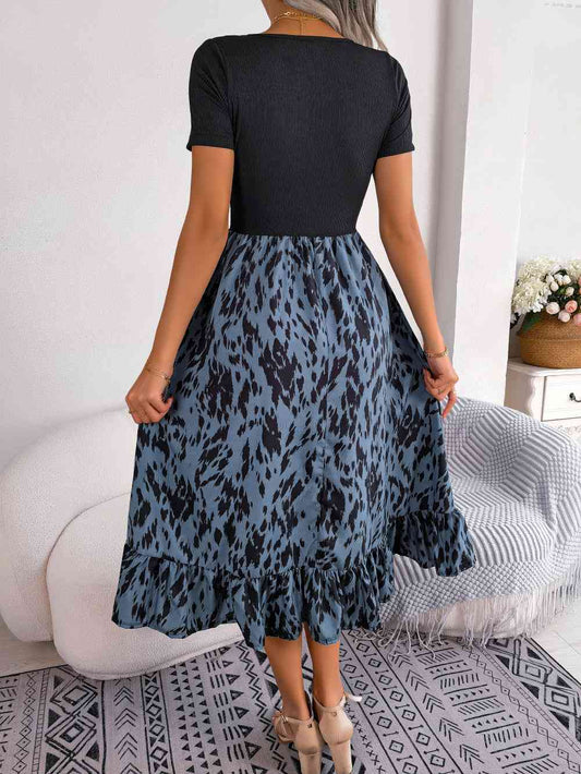 Printed Round Neck Ruffle Hem Dress