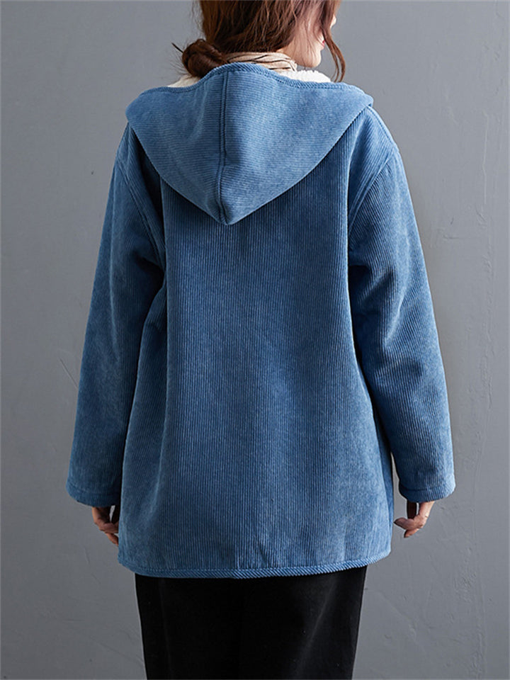 Winter Keep Warm Plush Lining Corduroy Hooded Coat