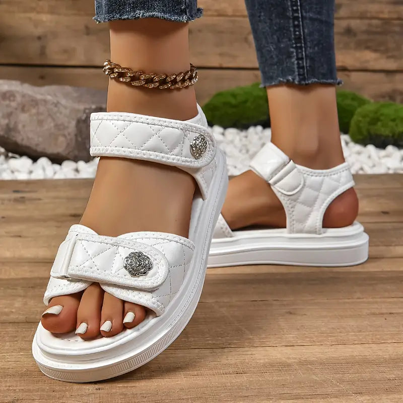 Ivyshape | Metallic Sandals with Floral Pattern and Buckle