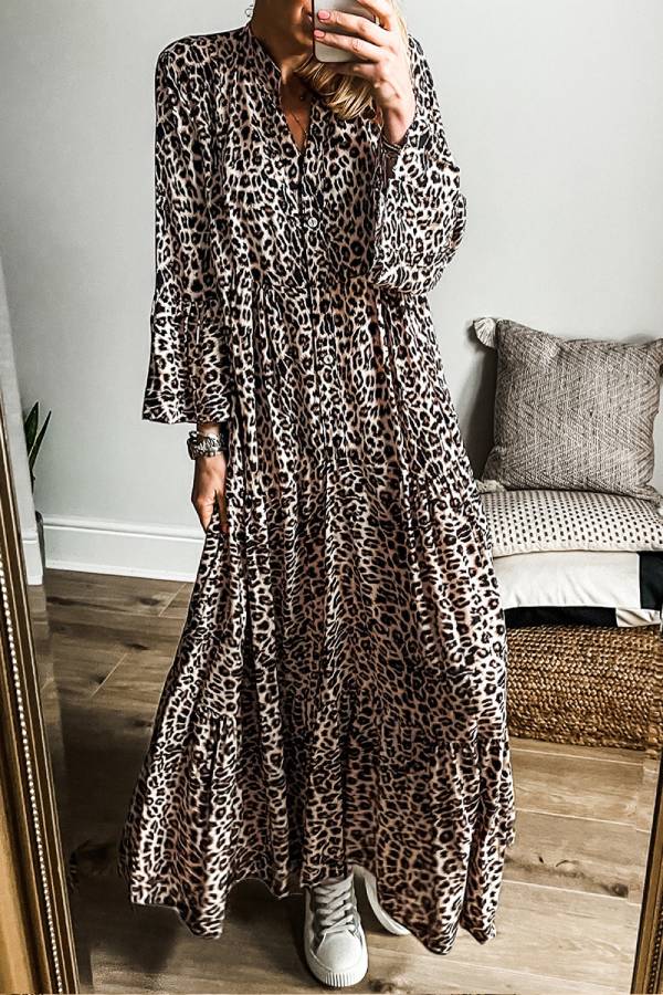 Ivyshape | Leopard Print Tiered Wide Sleeve Maxi Dress