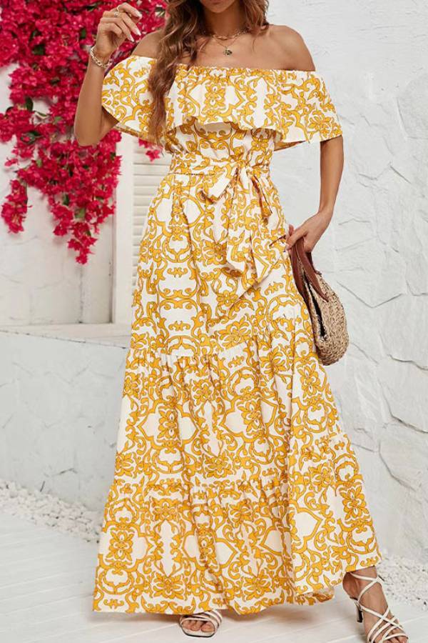 Ivyshape | Shoulder Short-Sleeved Printed Ruffled Maxi Dress