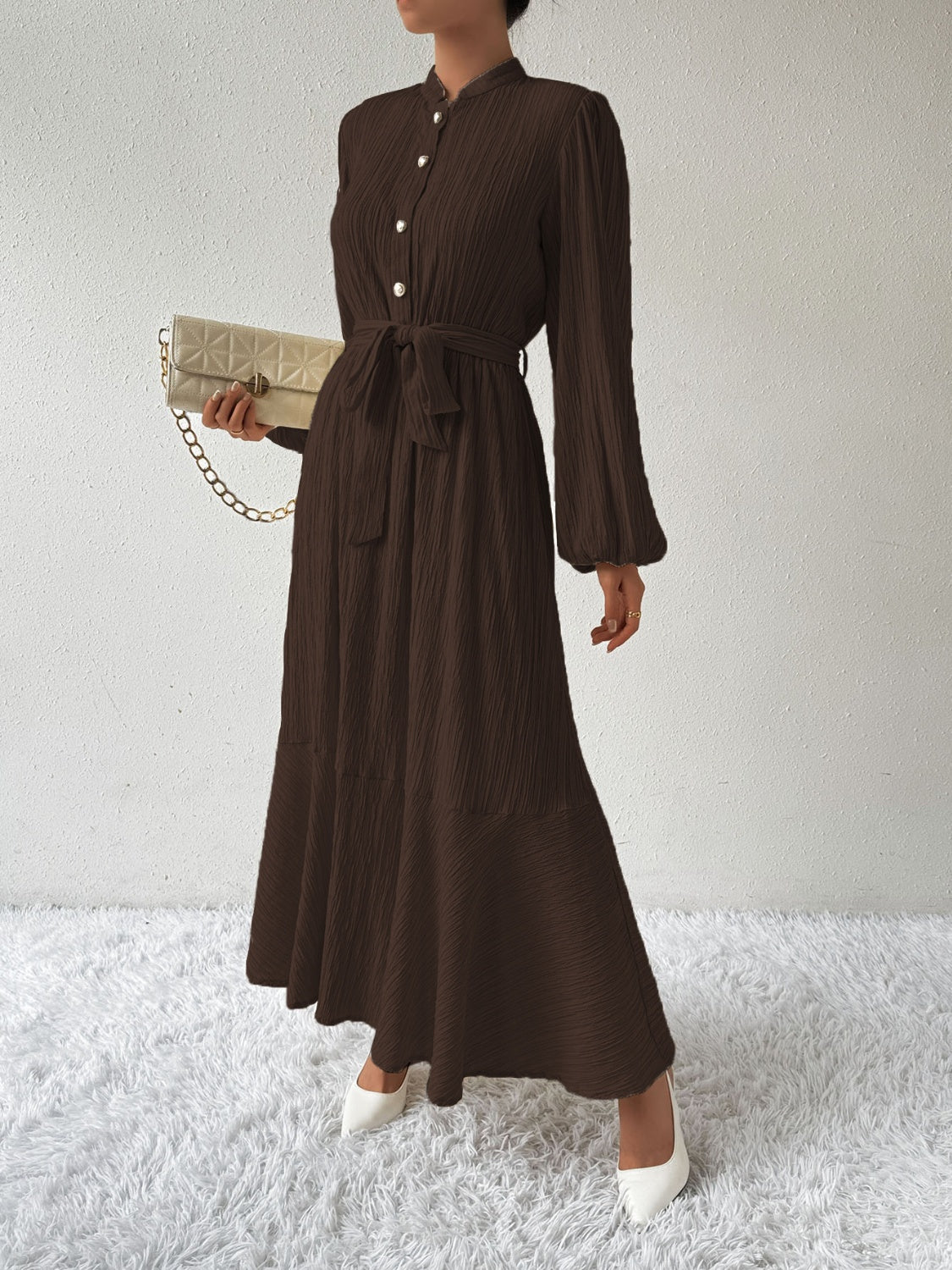 Ivyshape | Tie Waist Long Sleeve Dress