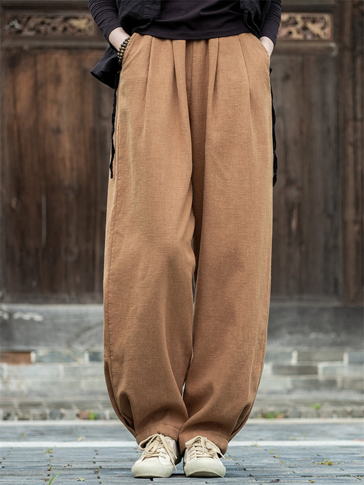 Zen Style Warm Plush Lined Linen Long Pants for Winter