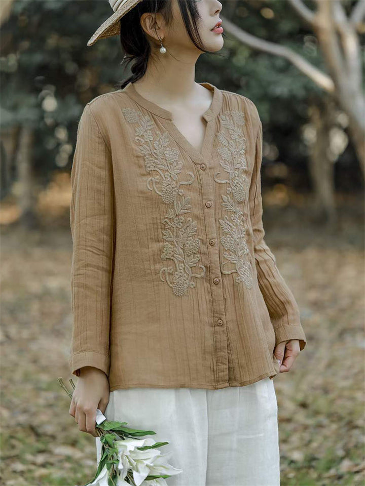 V-Neck Button Up Long Sleeve Embroidery Linen Shirt for Women