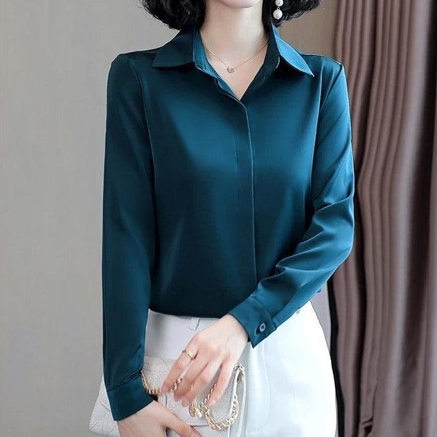 Elegant Satin Long-Sleeve Office Shirt for Women