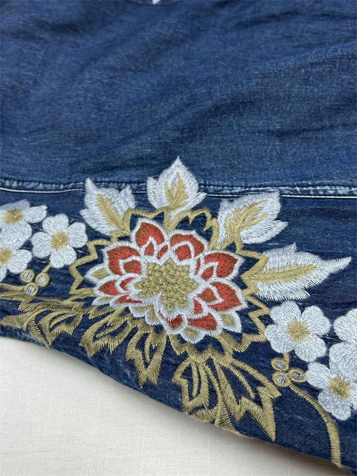 Beautiful Flower Embroidery Lapel Denim Pleated Dress