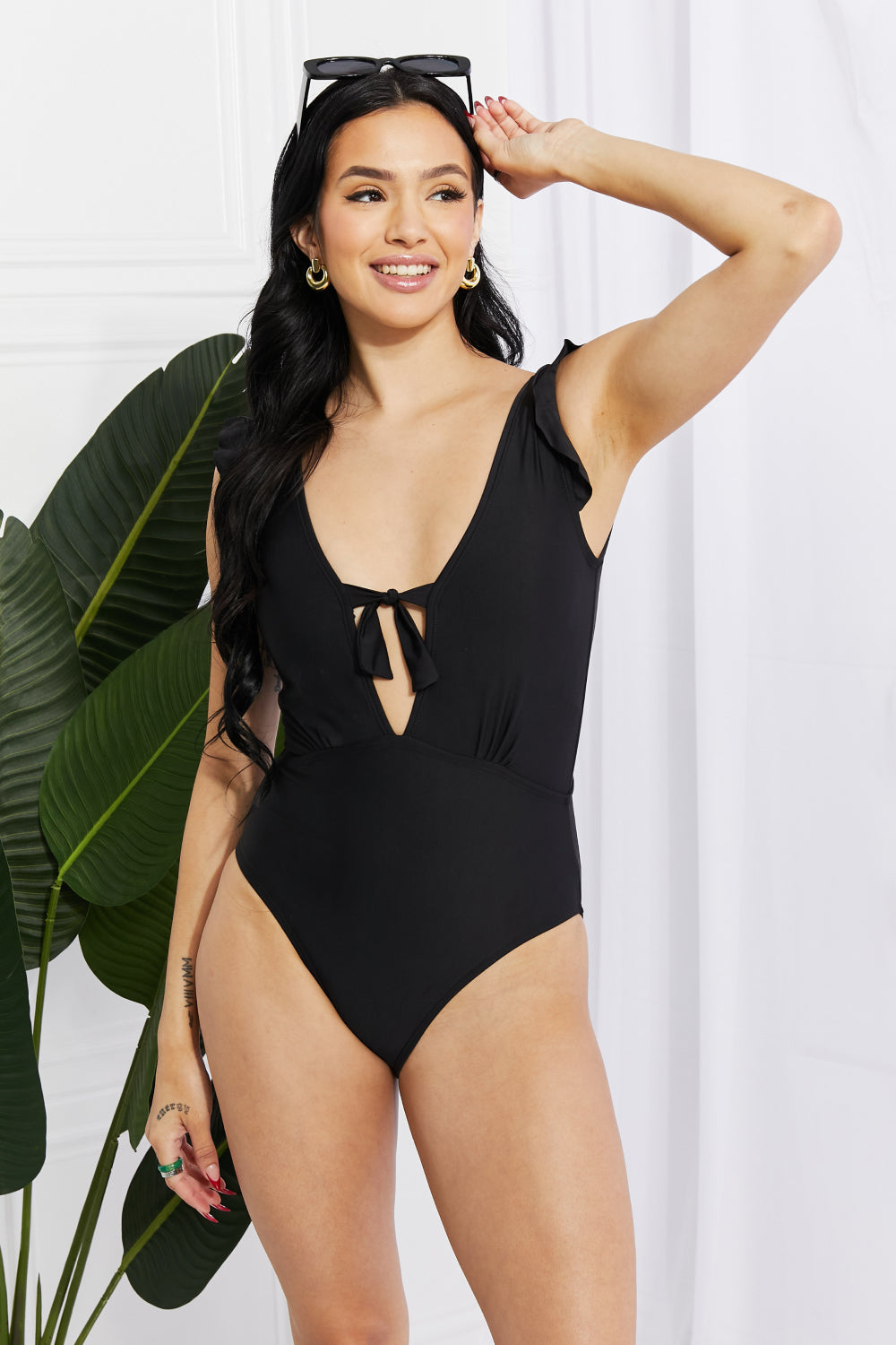 Ivyshape | West Swim Shell Ruffle Sleeve One-Piece In Black