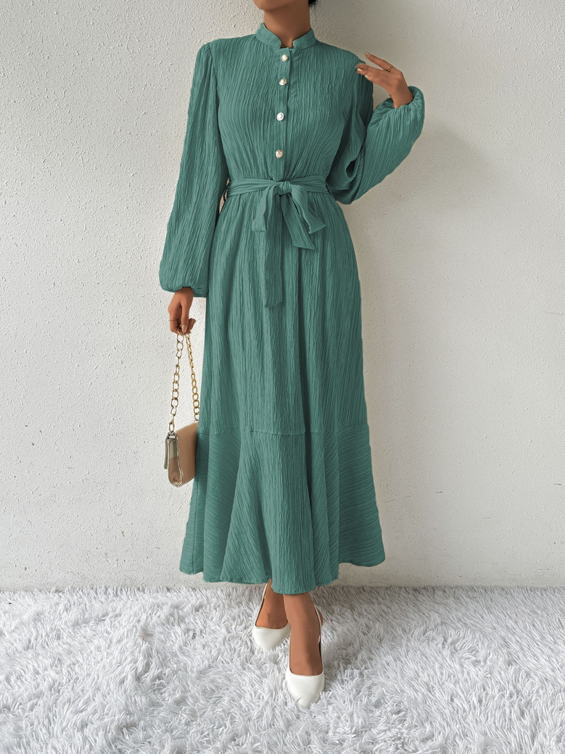 Ivyshape | Tie Waist Long Sleeve Dress