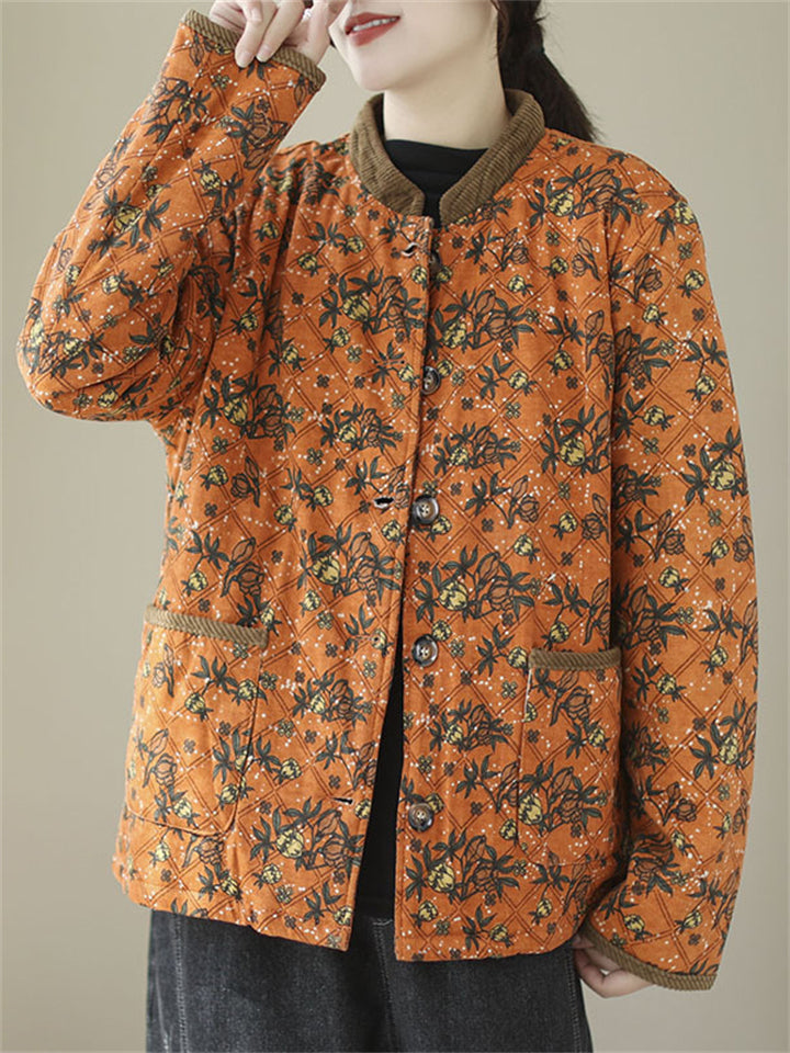 Vintage Stand Collar Button Mini Floral Print Cotton Coat