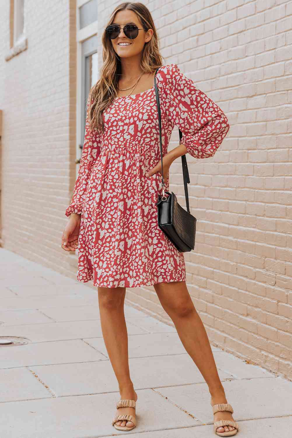 Animal Print Square Neck Balloon Sleeve Dress