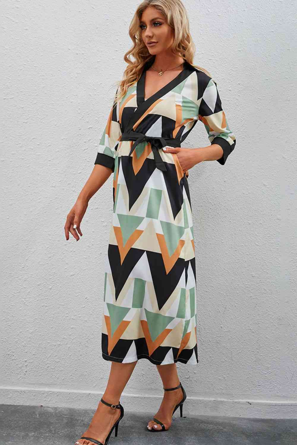 Printed Three-Quarter Sleeve Tied Midi Dress