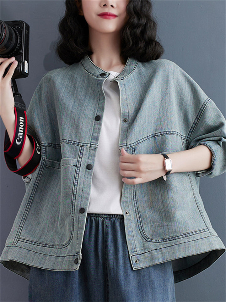 Women's Light Blue Patch Pocket 3/4 Sleeve Trendy Denim Jacket