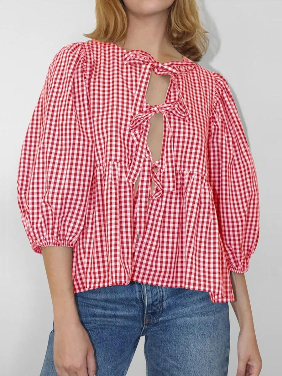 Stylish Printed Plaid Tie Shirt for Women