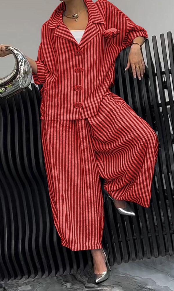 Ivyshape | Women's Comfortable Striped Top and Pants Two-Piece Set