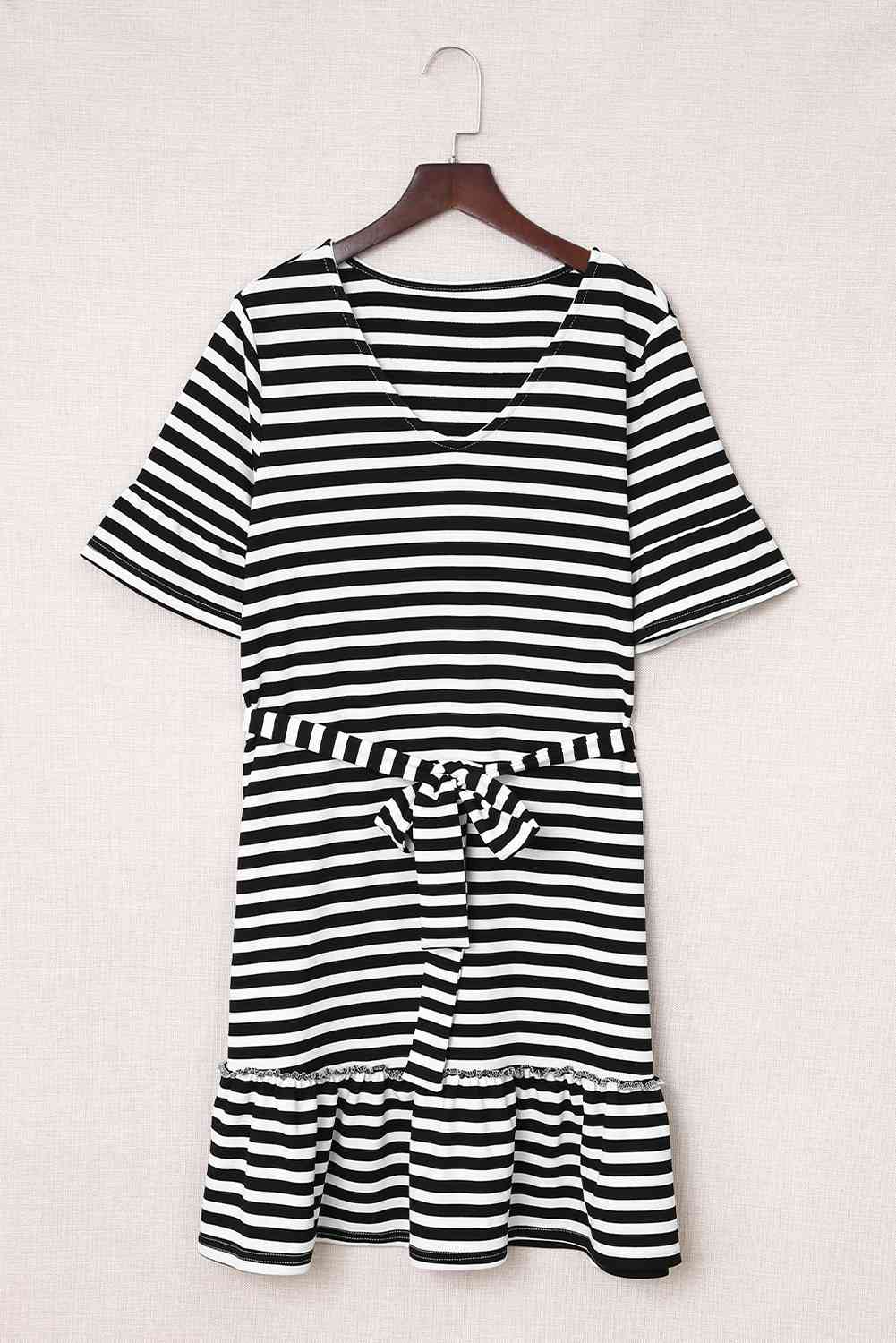 Striped Tie-Waist Frill Trim V-Neck Dress