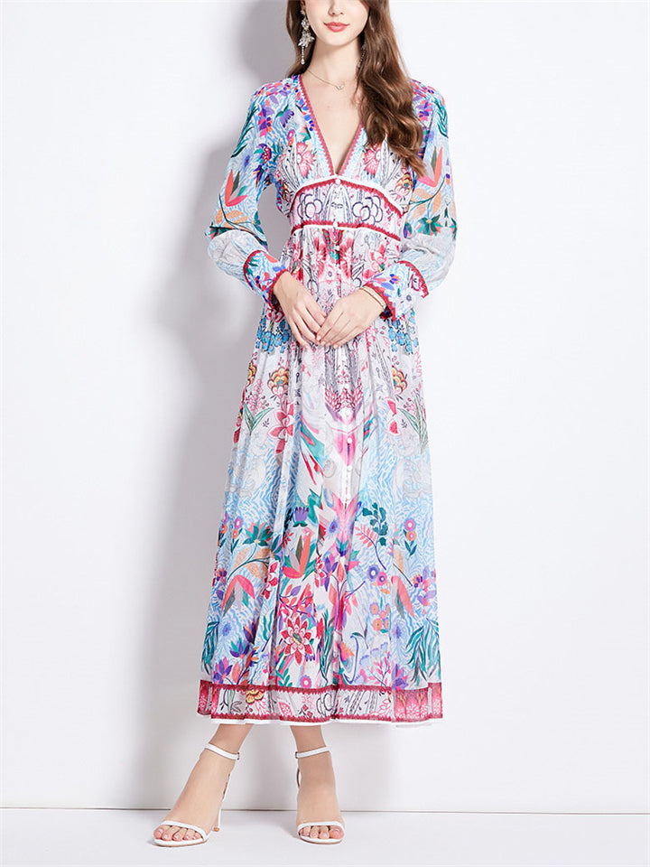 Deep V Neck Elegant Floral Print Flowy Midi Dress for Lady