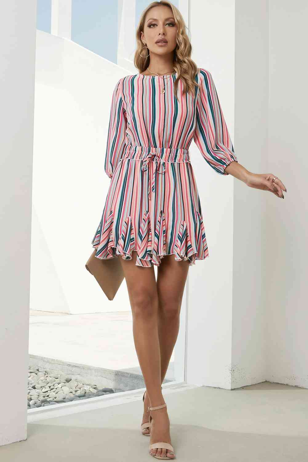 Striped Drawstring Waist Three-Quarter Sleeve Mini Dress