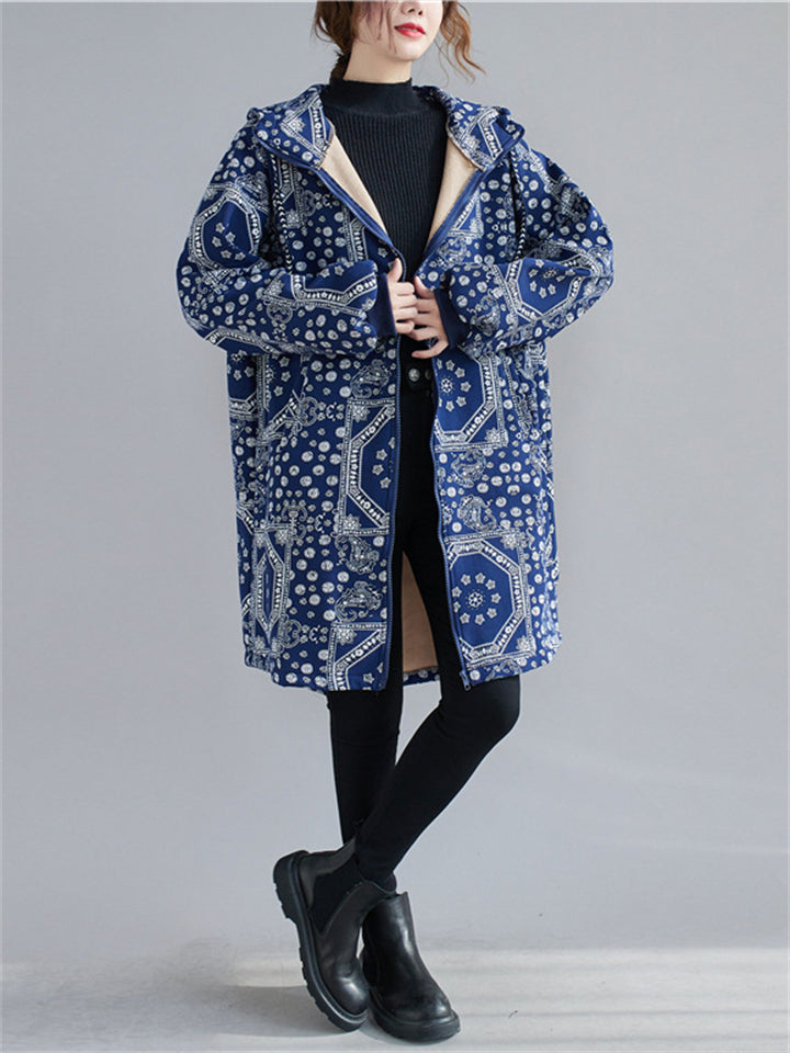 Blue Hooded Zipper Keep Warm Cotton-Padded Overcoat