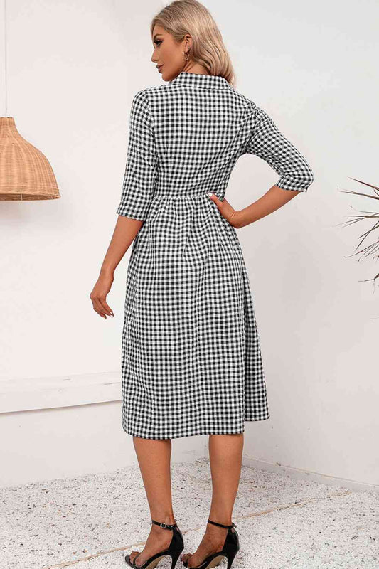 Plaid Collared Neck Midi Dress