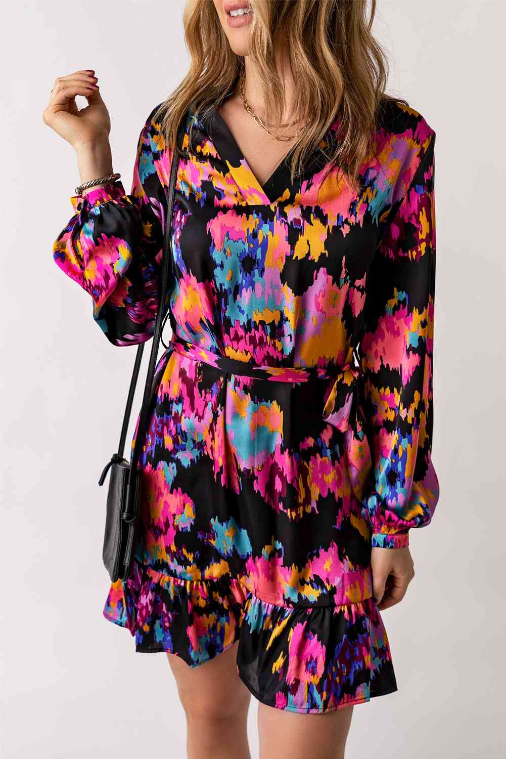 Abstract Print Belted Ruffle Hem Dress