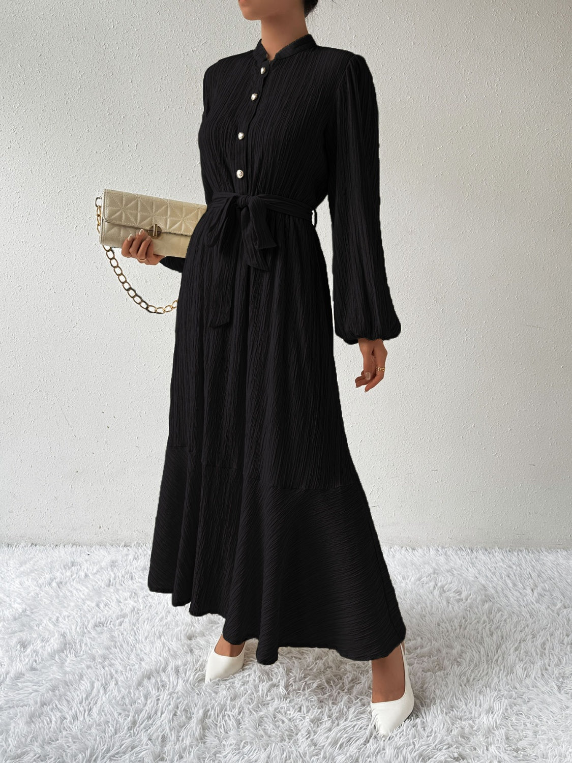 Ivyshape | Tie Waist Long Sleeve Dress