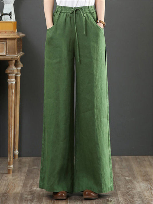 Women's Simple Linen High Waist Drawstring Wide Leg Pants