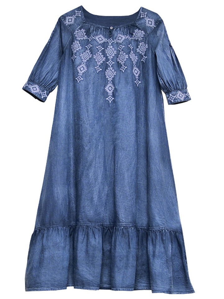 Diamond Embroidery Half Sleeve Ruffle Blue Denim Dress